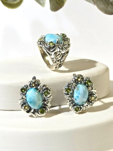 Серебряные серьги ETERI с ларимаром, лимонным кварцем и хризолитом